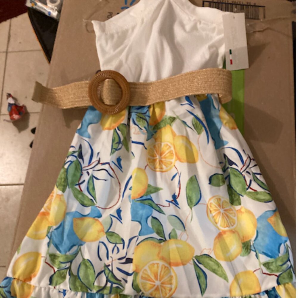 Girl's halter neck white and lemon print dress